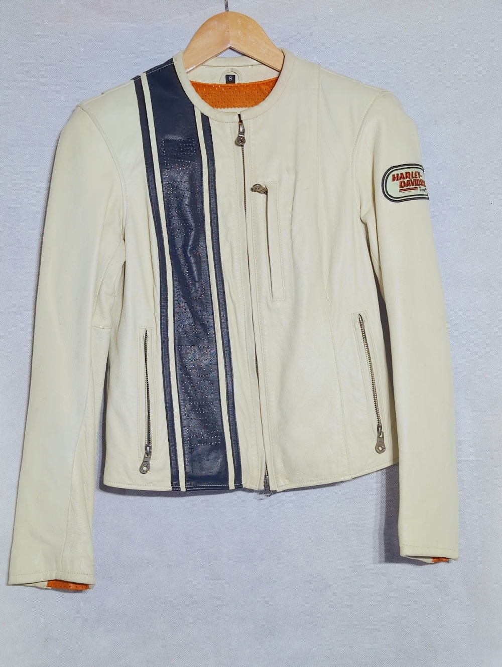 Harley-Davidson Women's Cream Cafe Racer Leather Jacket with Black Stripe Sz S
